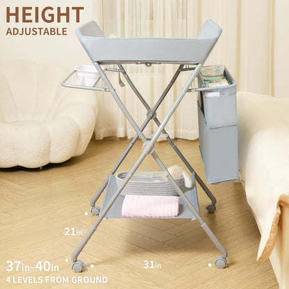Foldable Baby Changing Table with Wheels, Portable Diaper Changing Station with Large Storage Bag & 4-Level Adjustable Height for Newborn, Infant
