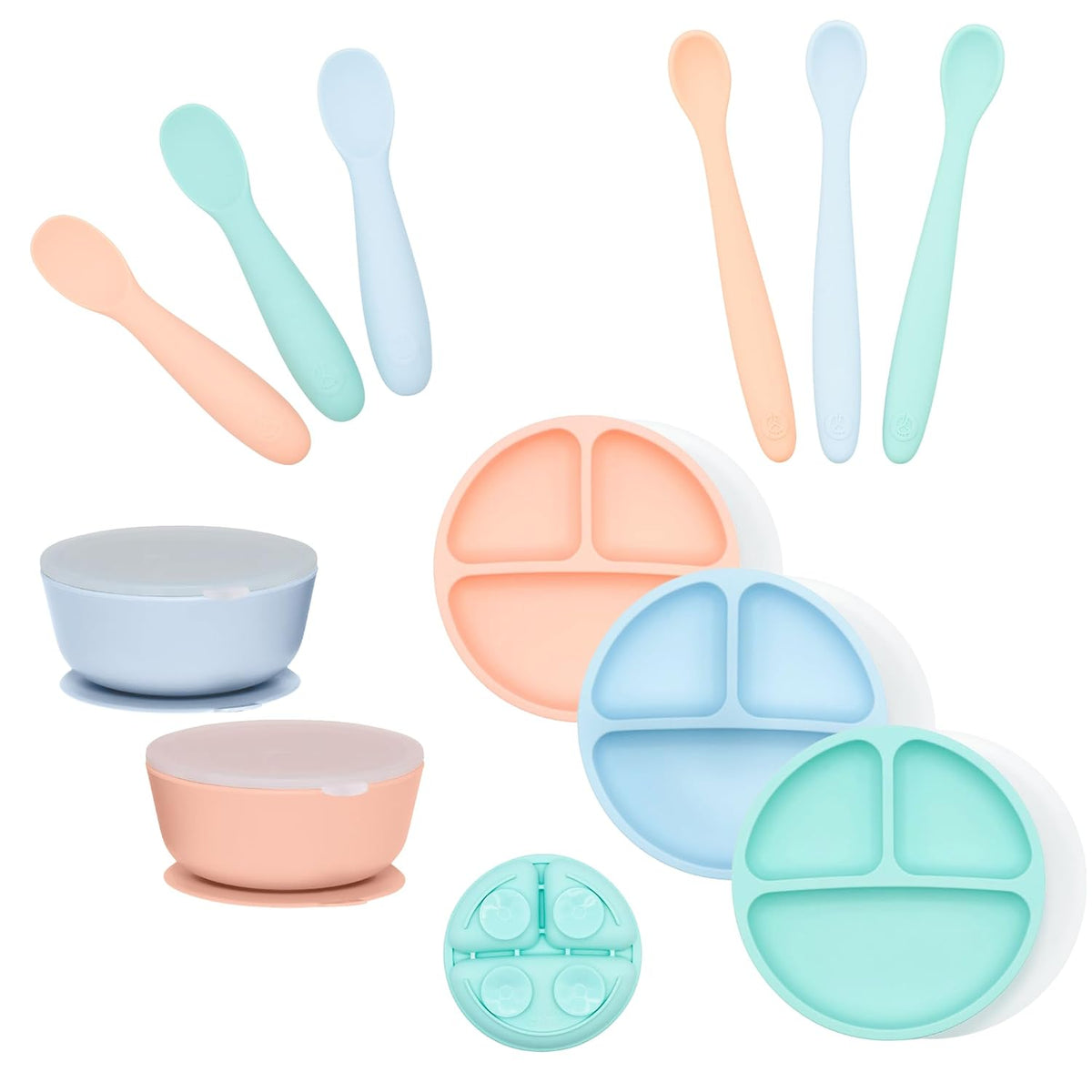 Silicone Mealtime Essentials Bundle | Ages 4+ Months | Suction Plates, Suction Bowls, Self-Feeding & Infant Feeding Spoons