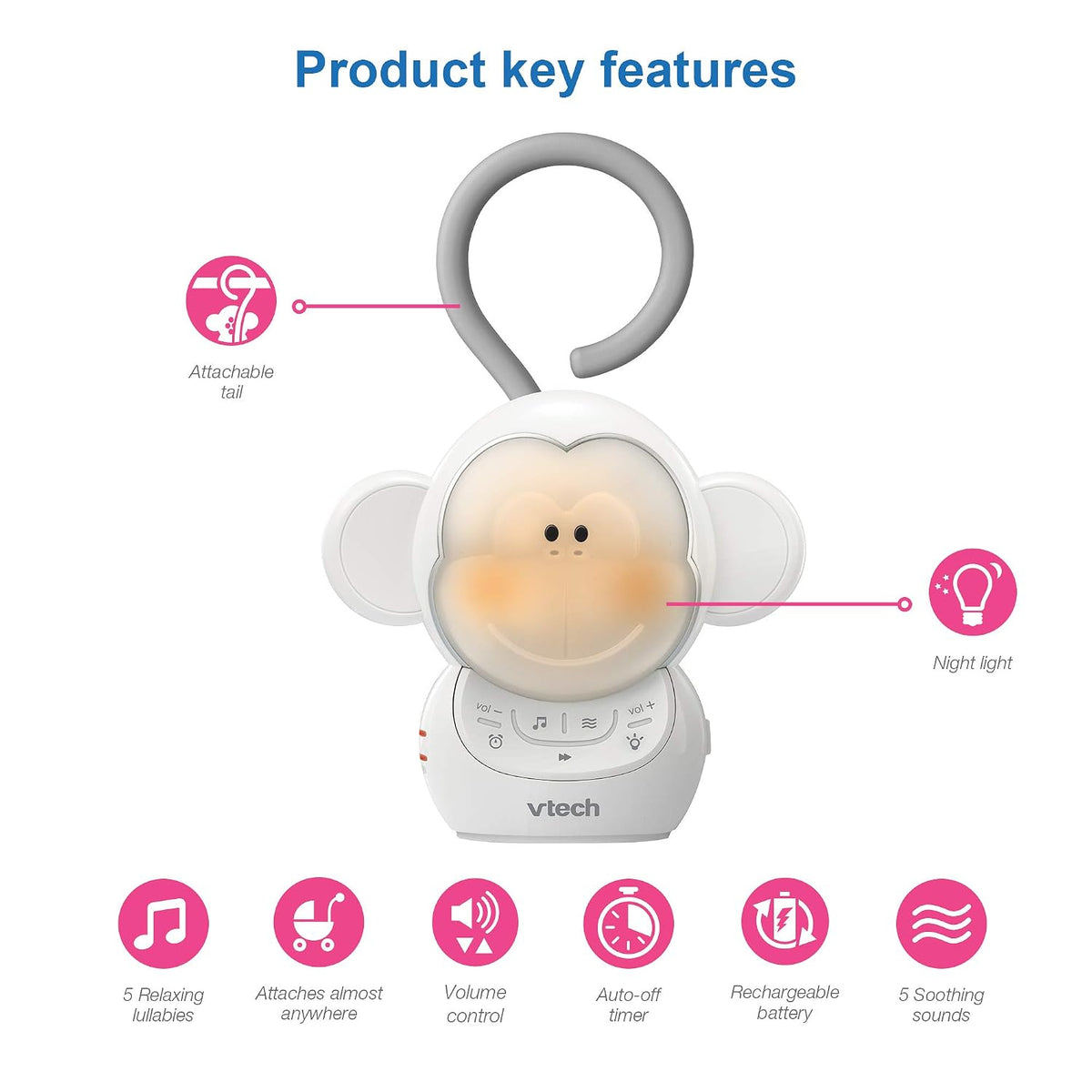 VTech Communications BC8211 Myla The Monkey Baby Sleep Soother with a White Noise Sound Machine Featuring 5 Soft Ambient Sounds, 5 Calming Melodies & Soft-Glow Night Light, 1 Count (Pack of 1)
