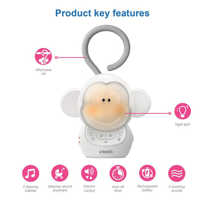 VTech Communications BC8211 Myla The Monkey Baby Sleep Soother with a White Noise Sound Machine Featuring 5 Soft Ambient Sounds, 5 Calming Melodies & Soft-Glow Night Light, 1 Count (Pack of 1)
