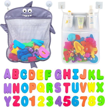 Comfylife 2 x Mesh Bath Toy Organizer + 6 Ultra Strong Hooks + 36 Bath Letters & Numbers – Eco-Safe, Fun, Educational Foam Letters and Perfect Toy Storage Net for Baby Bath Toys & More