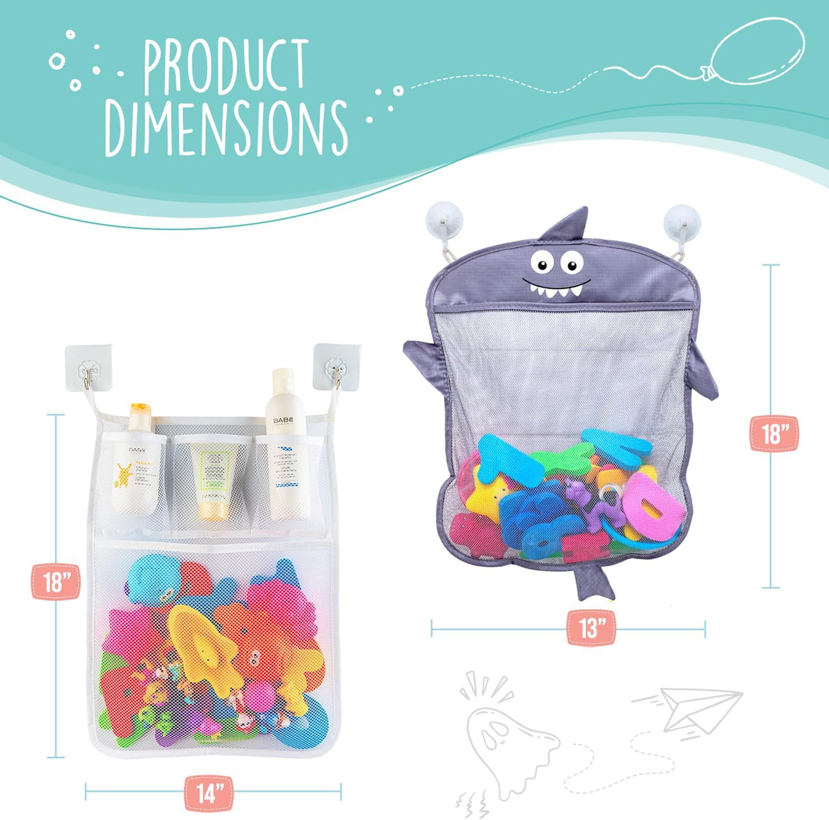 Comfylife 2 x Mesh Bath Toy Organizer + 6 Ultra Strong Hooks + 36 Bath Letters & Numbers – Eco-Safe, Fun, Educational Foam Letters and Perfect Toy Storage Net for Baby Bath Toys & More