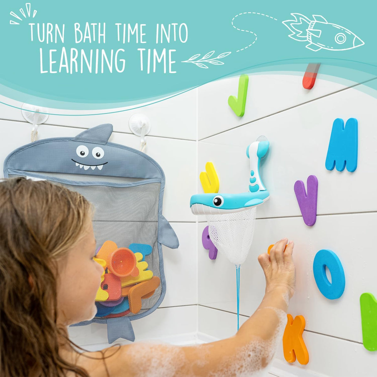 Comfylife 2 x Mesh Bath Toy Organizer + 6 Ultra Strong Hooks + 36 Bath Letters & Numbers – Eco-Safe, Fun, Educational Foam Letters and Perfect Toy Storage Net for Baby Bath Toys & More