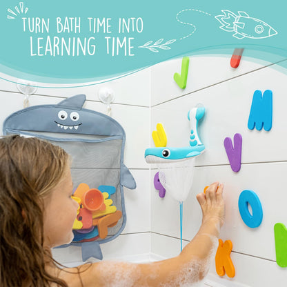 Comfylife 2 x Mesh Bath Toy Organizer + 6 Ultra Strong Hooks + 36 Bath Letters & Numbers – Eco-Safe, Fun, Educational Foam Letters and Perfect Toy Storage Net for Baby Bath Toys & More