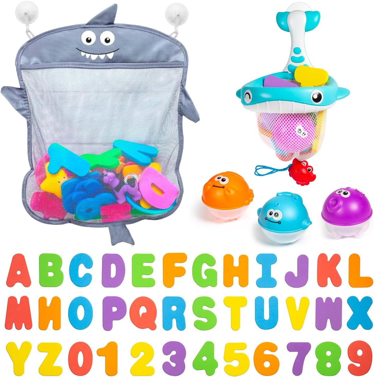 Comfylife 2 x Mesh Bath Toy Organizer + 6 Ultra Strong Hooks + 36 Bath Letters & Numbers – Eco-Safe, Fun, Educational Foam Letters and Perfect Toy Storage Net for Baby Bath Toys & More