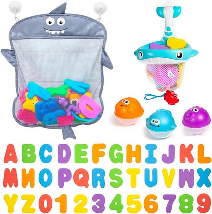 Comfylife 2 x Mesh Bath Toy Organizer + 6 Ultra Strong Hooks + 36 Bath Letters & Numbers – Eco-Safe, Fun, Educational Foam Letters and Perfect Toy Storage Net for Baby Bath Toys & More