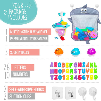 Comfylife 2 x Mesh Bath Toy Organizer + 6 Ultra Strong Hooks + 36 Bath Letters & Numbers – Eco-Safe, Fun, Educational Foam Letters and Perfect Toy Storage Net for Baby Bath Toys & More
