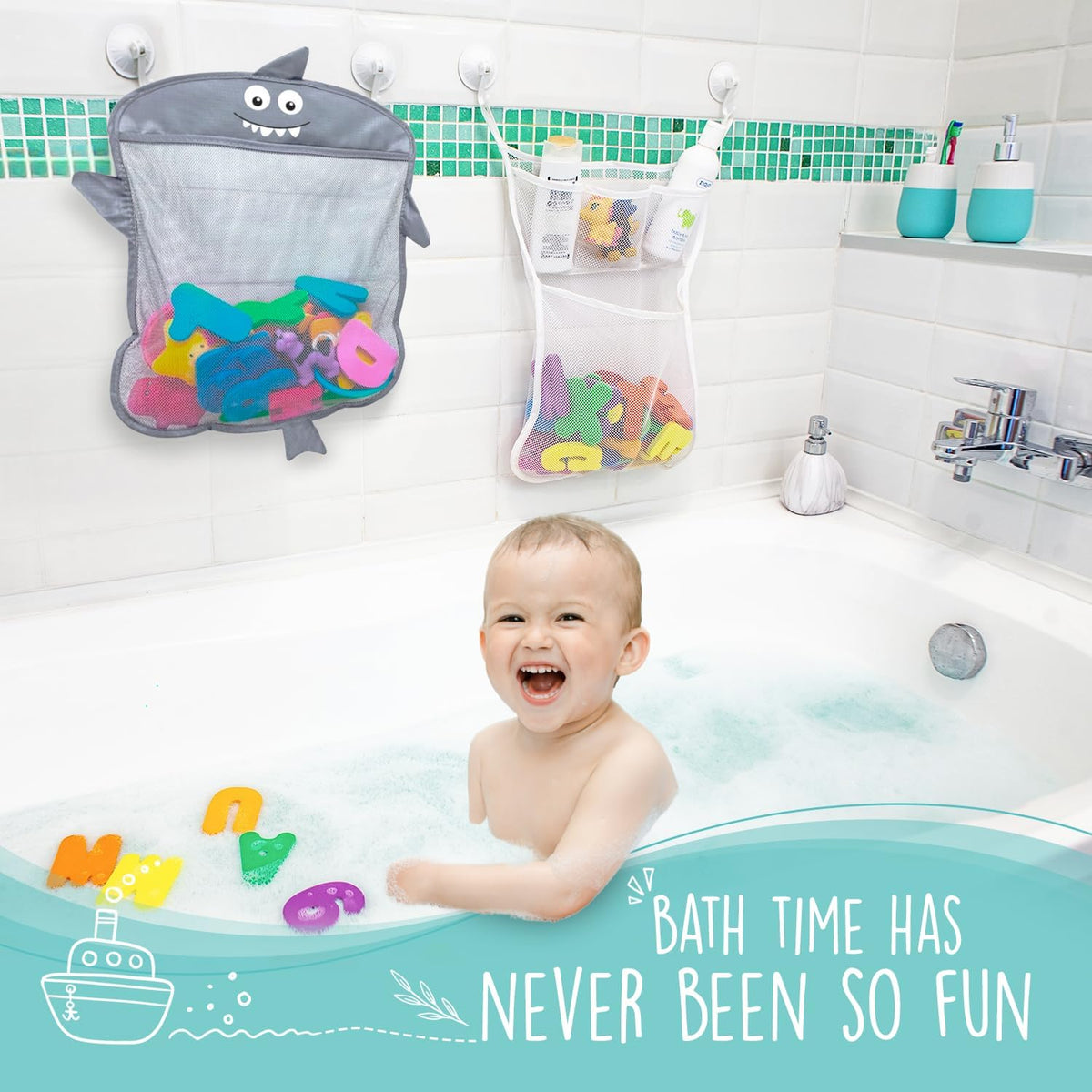 Comfylife 2 x Mesh Bath Toy Organizer + 6 Ultra Strong Hooks + 36 Bath Letters & Numbers – Eco-Safe, Fun, Educational Foam Letters and Perfect Toy Storage Net for Baby Bath Toys & More