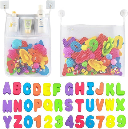 Comfylife 2 x Mesh Bath Toy Organizer + 6 Ultra Strong Hooks + 36 Bath Letters & Numbers – Eco-Safe, Fun, Educational Foam Letters and Perfect Toy Storage Net for Baby Bath Toys & More