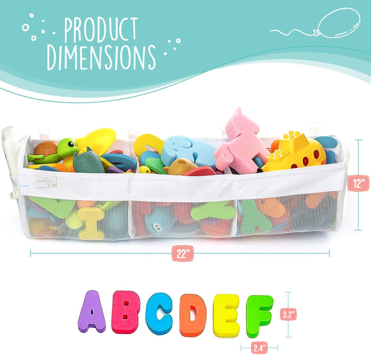 Comfylife 2 x Mesh Bath Toy Organizer + 6 Ultra Strong Hooks + 36 Bath Letters & Numbers – Eco-Safe, Fun, Educational Foam Letters and Perfect Toy Storage Net for Baby Bath Toys & More