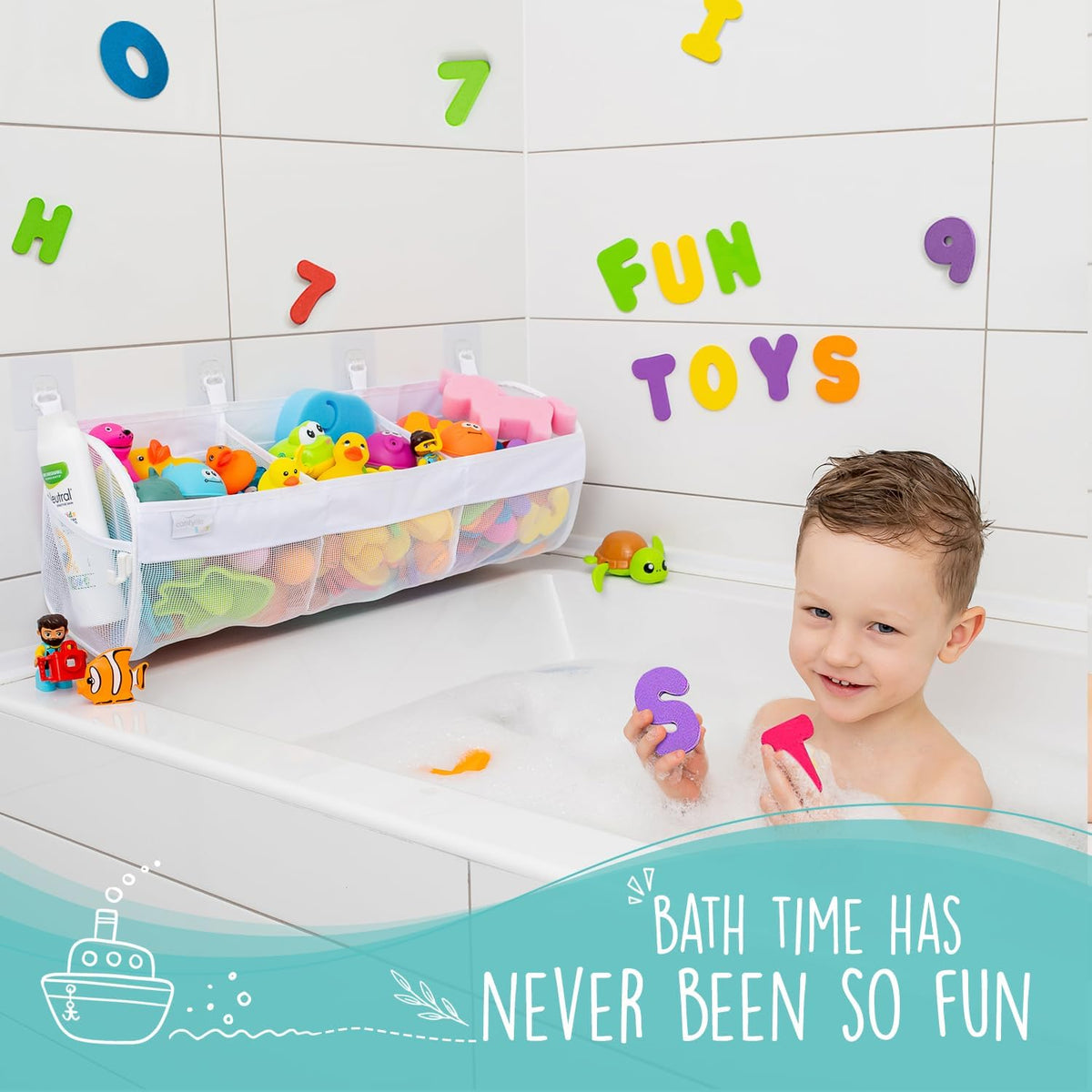 Comfylife 2 x Mesh Bath Toy Organizer + 6 Ultra Strong Hooks + 36 Bath Letters & Numbers – Eco-Safe, Fun, Educational Foam Letters and Perfect Toy Storage Net for Baby Bath Toys & More