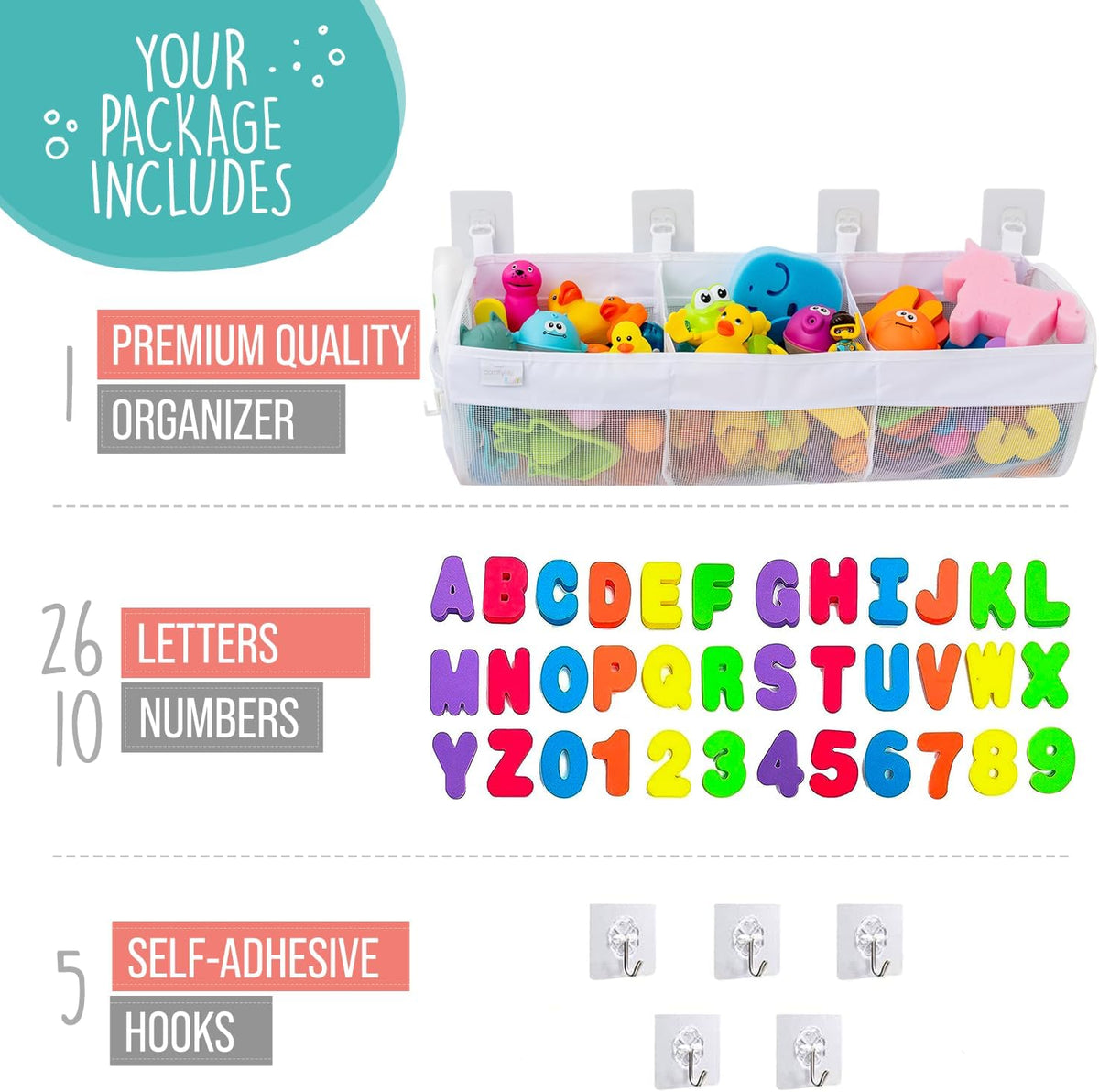 Comfylife 2 x Mesh Bath Toy Organizer + 6 Ultra Strong Hooks + 36 Bath Letters & Numbers – Eco-Safe, Fun, Educational Foam Letters and Perfect Toy Storage Net for Baby Bath Toys & More