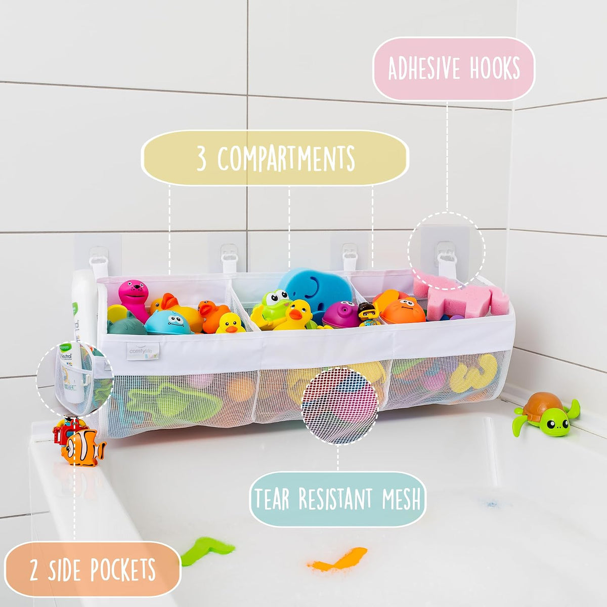 Comfylife 2 x Mesh Bath Toy Organizer + 6 Ultra Strong Hooks + 36 Bath Letters & Numbers – Eco-Safe, Fun, Educational Foam Letters and Perfect Toy Storage Net for Baby Bath Toys & More
