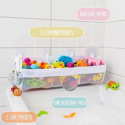Comfylife 2 x Mesh Bath Toy Organizer + 6 Ultra Strong Hooks + 36 Bath Letters & Numbers – Eco-Safe, Fun, Educational Foam Letters and Perfect Toy Storage Net for Baby Bath Toys & More