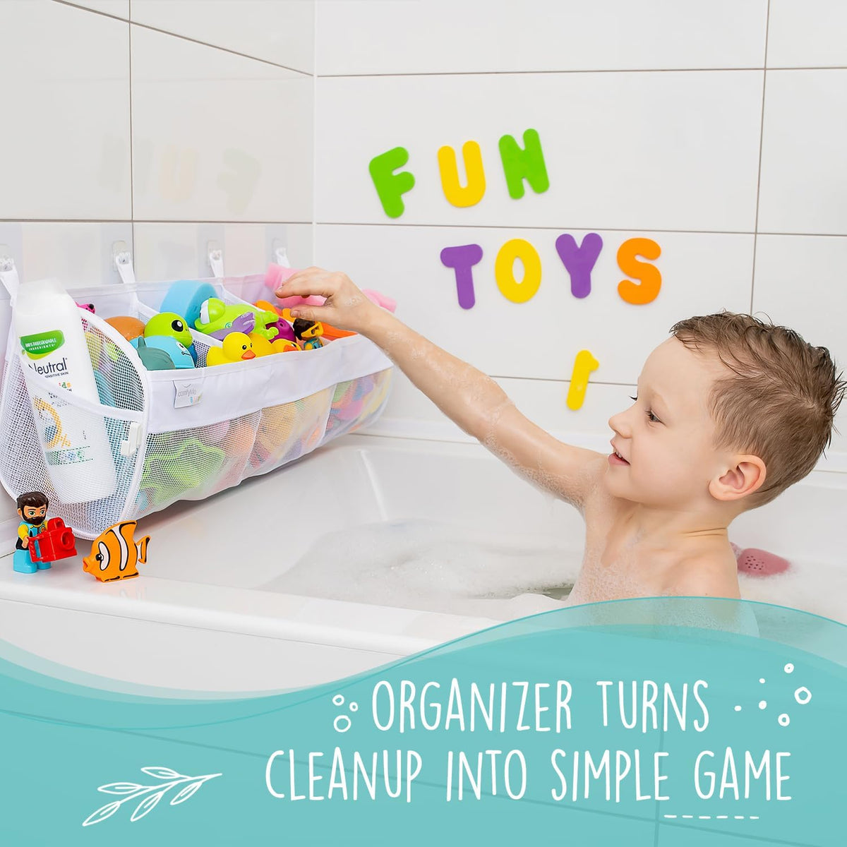 Comfylife 2 x Mesh Bath Toy Organizer + 6 Ultra Strong Hooks + 36 Bath Letters & Numbers – Eco-Safe, Fun, Educational Foam Letters and Perfect Toy Storage Net for Baby Bath Toys & More