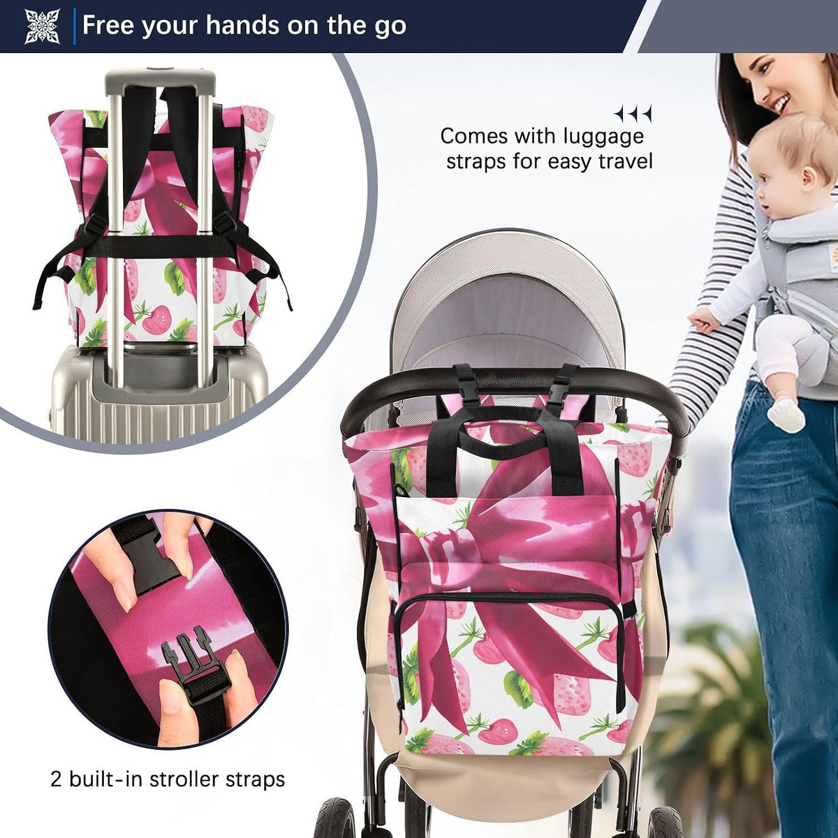 Diaper Bag Backpack, Multifunction Travel Bag for Moms Dads, Baby Changing Bag with Insulted Pockets, Stroller Straps and Side Bottle Pockets Berry Watercolor Pattern