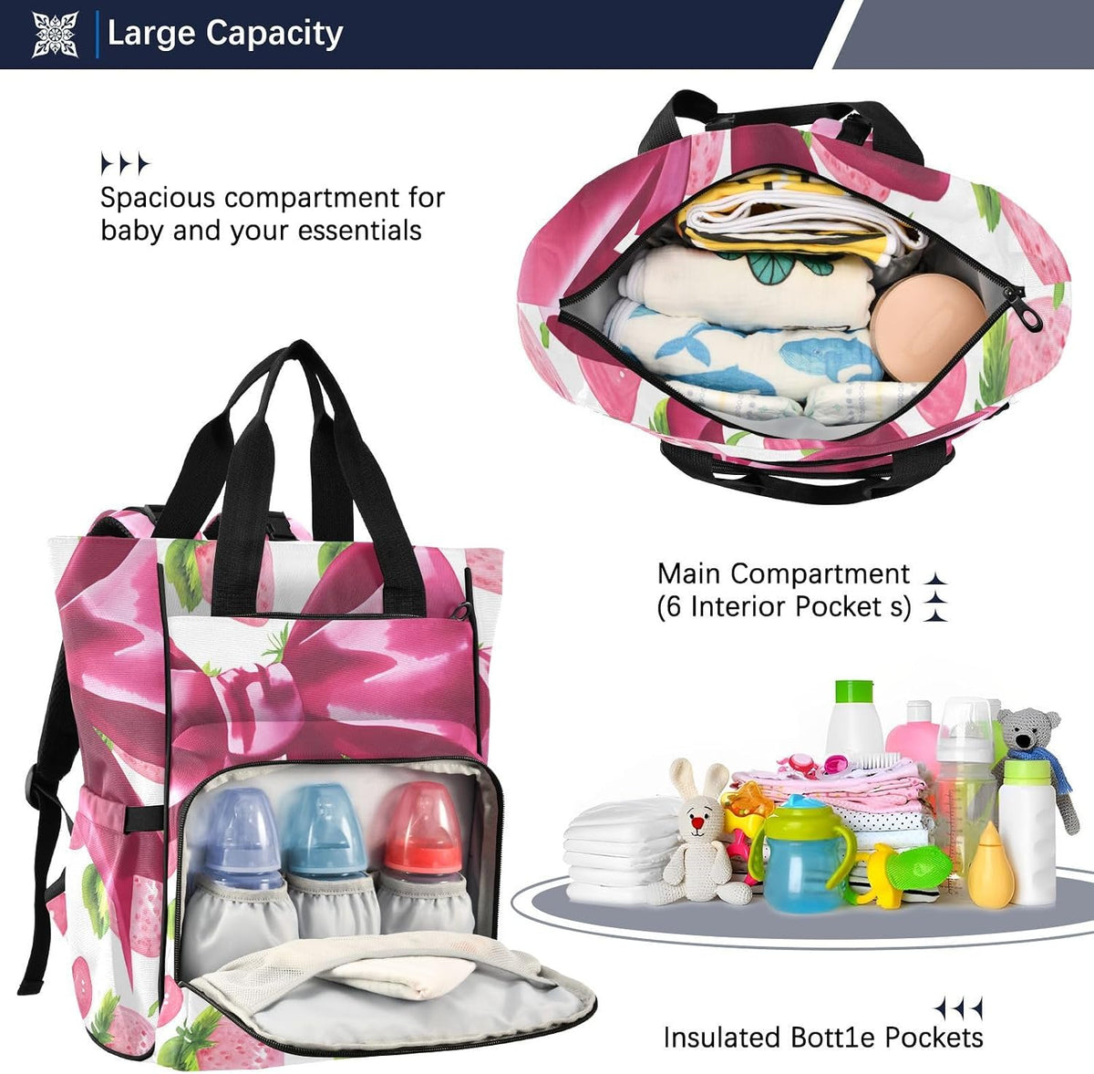 Diaper Bag Backpack, Multifunction Travel Bag for Moms Dads, Baby Changing Bag with Insulted Pockets, Stroller Straps and Side Bottle Pockets Berry Watercolor Pattern