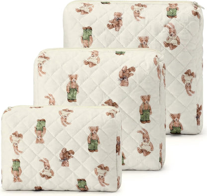 3 Pack Diaper Bag Organizer Pouch Set Quilted Cotton Cute Bear Diaper Pouches Fabric Coquette Cosmetic Makeup Bag Set Soft Toiletry Bags Travel Organizer Bags for Women and Girls