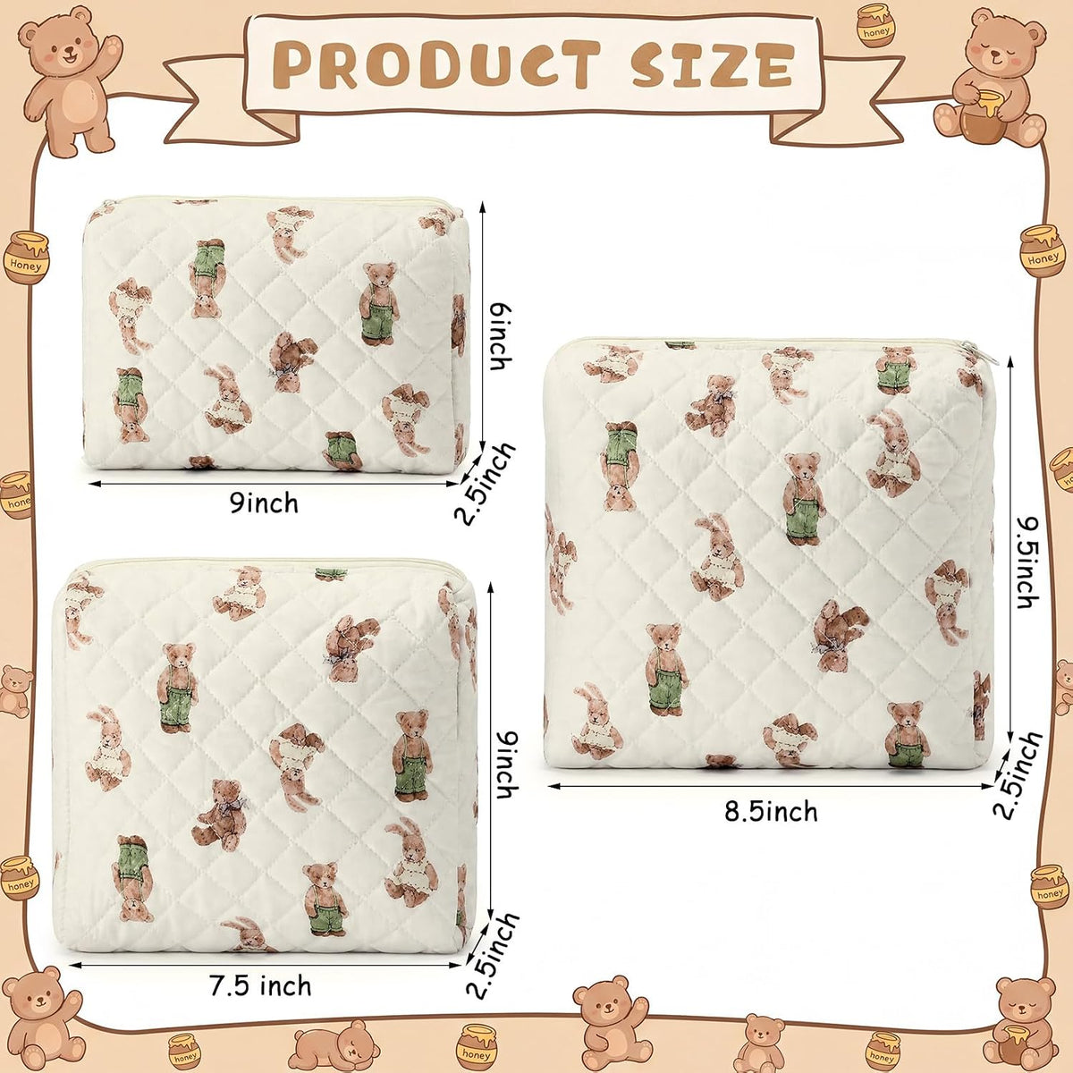 3 Pack Diaper Bag Organizer Pouch Set Quilted Cotton Cute Bear Diaper Pouches Fabric Coquette Cosmetic Makeup Bag Set Soft Toiletry Bags Travel Organizer Bags for Women and Girls