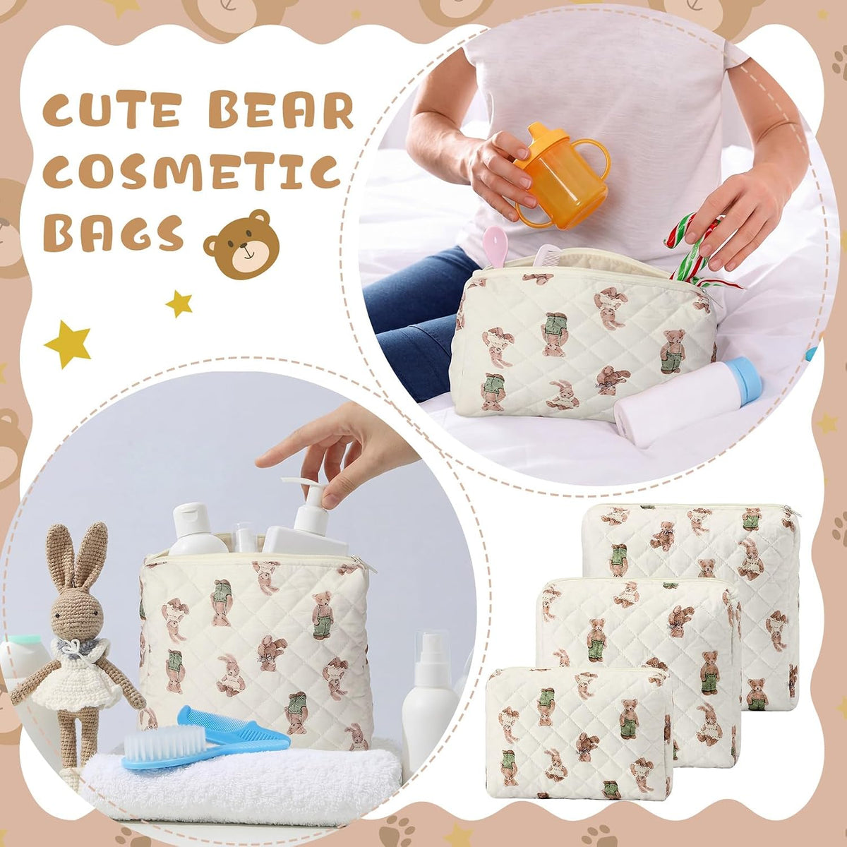 3 Pack Diaper Bag Organizer Pouch Set Quilted Cotton Cute Bear Diaper Pouches Fabric Coquette Cosmetic Makeup Bag Set Soft Toiletry Bags Travel Organizer Bags for Women and Girls