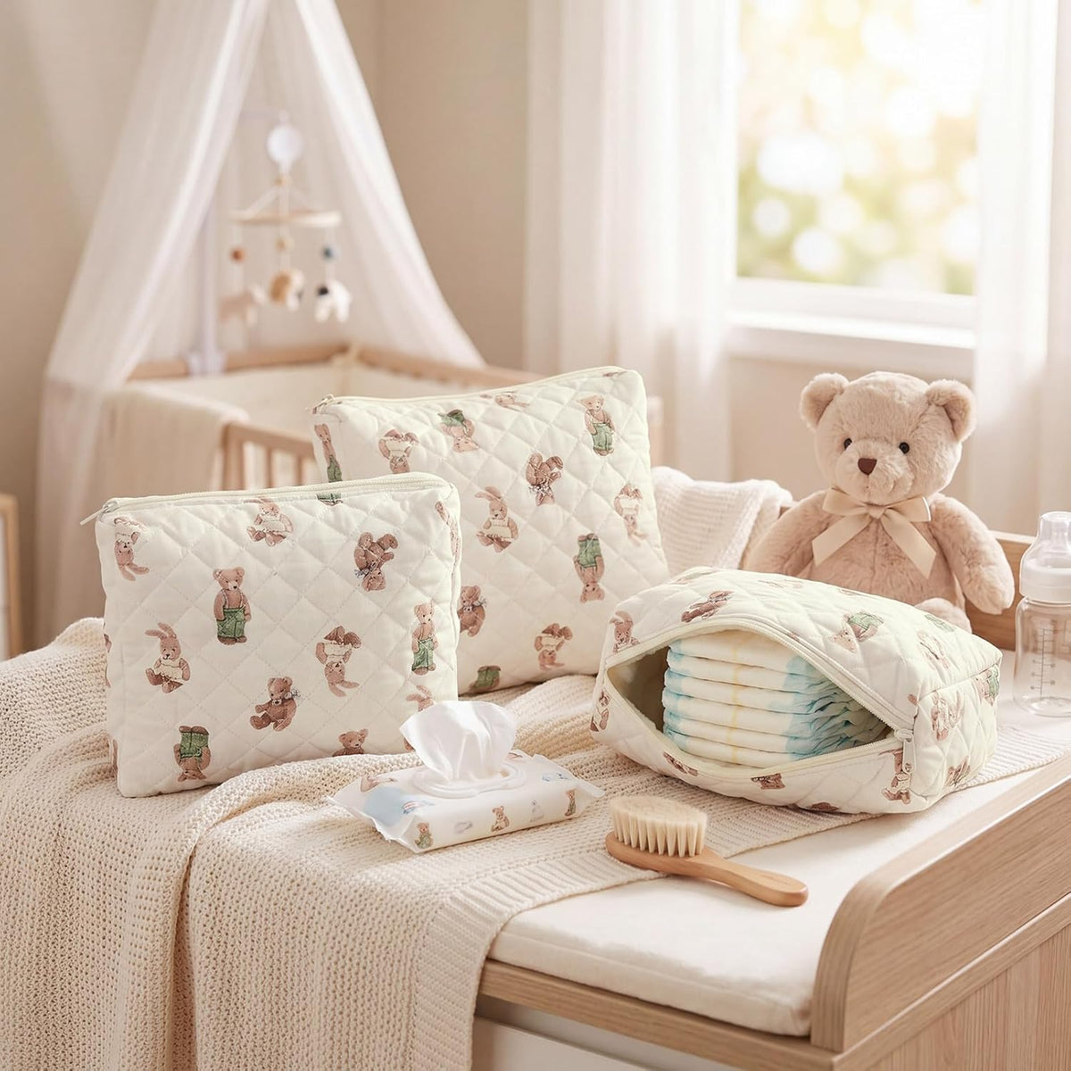 3 Pack Diaper Bag Organizer Pouch Set Quilted Cotton Cute Bear Diaper Pouches Fabric Coquette Cosmetic Makeup Bag Set Soft Toiletry Bags Travel Organizer Bags for Women and Girls