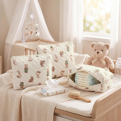 3 Pack Diaper Bag Organizer Pouch Set Quilted Cotton Cute Bear Diaper Pouches Fabric Coquette Cosmetic Makeup Bag Set Soft Toiletry Bags Travel Organizer Bags for Women and Girls