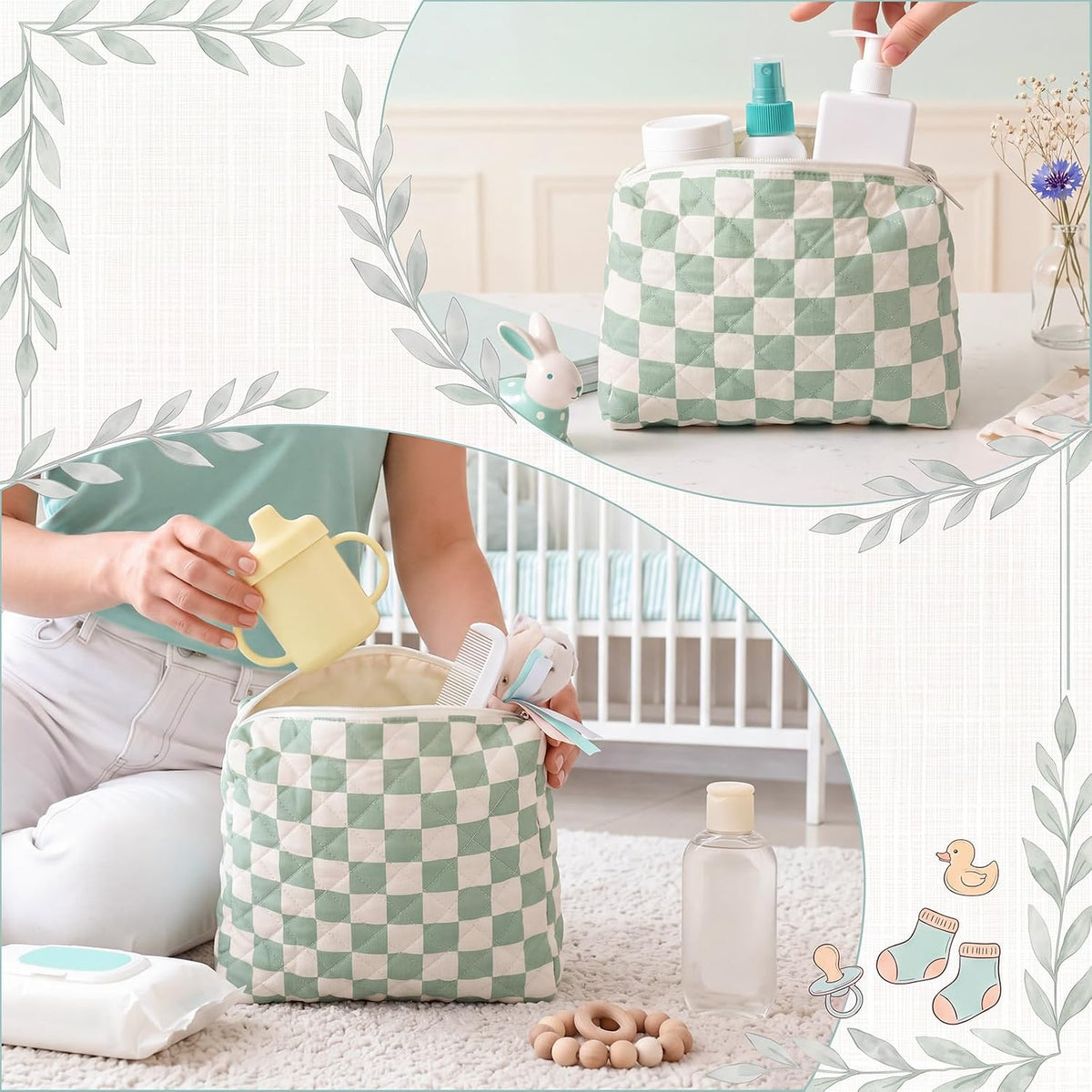 3 Pack Diaper Bag Organizer Pouch Set Quilted Cotton Cute Bear Diaper Pouches Fabric Coquette Cosmetic Makeup Bag Set Soft Toiletry Bags Travel Organizer Bags for Women and Girls