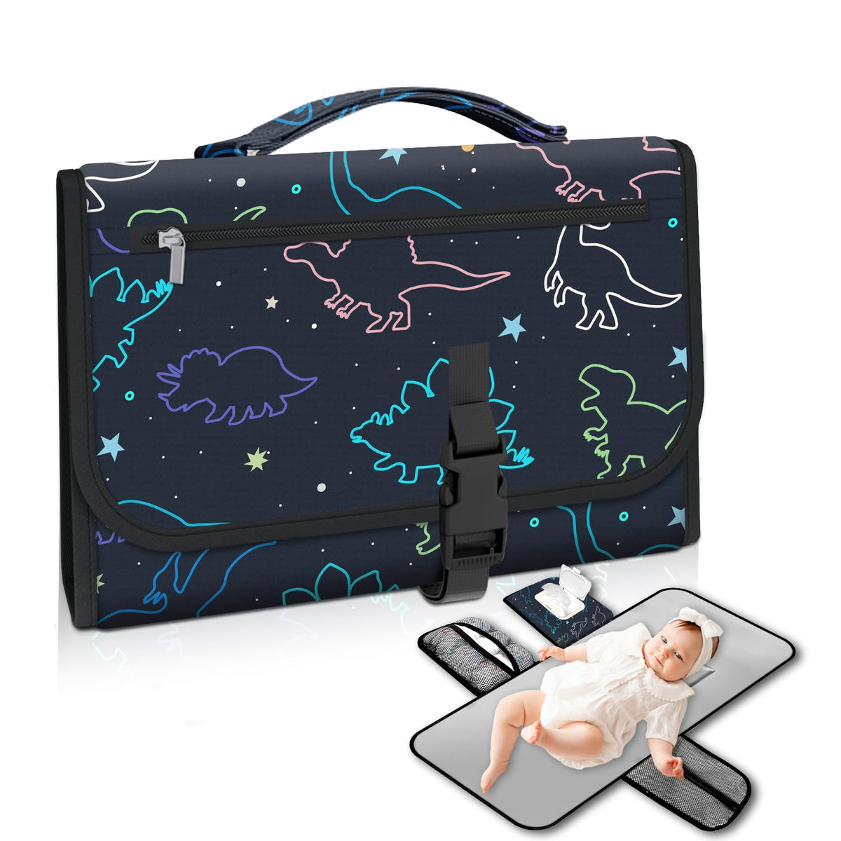 Pink Portable Changing Pads- Waterproof Foldable Baby Changing Mat Dinosaur Pattern Diaper Changer Travel Bag, Smart Design Baby Changing Mat, Great for Newborn Girls & Boys & for Travel