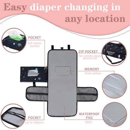 Pink Portable Changing Pads- Waterproof Foldable Baby Changing Mat Dinosaur Pattern Diaper Changer Travel Bag, Smart Design Baby Changing Mat, Great for Newborn Girls & Boys & for Travel