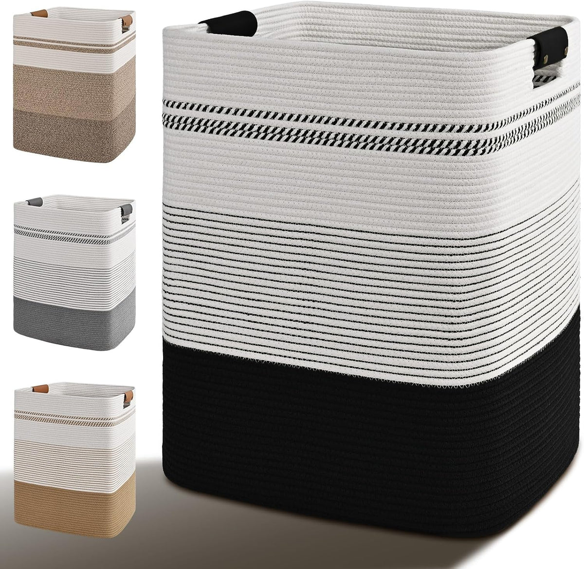 Laundry Hamper, 95L Tall Laundry Basket with Leather Handles, Rectangle Large Clothes Hamper for Organizing, Cotton Woven Laundry Baskets Storage Hampers for Bedroom, Nursery, Living Room