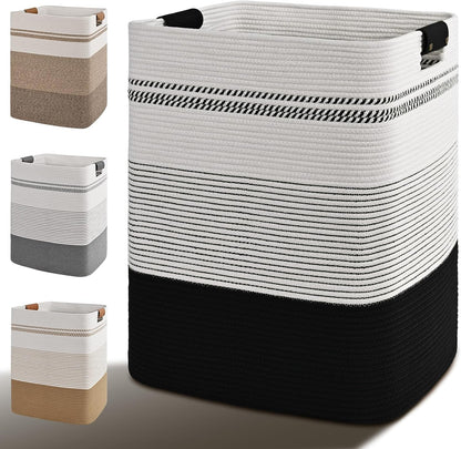 Laundry Hamper, 95L Tall Laundry Basket with Leather Handles, Rectangle Large Clothes Hamper for Organizing, Cotton Woven Laundry Baskets Storage Hampers for Bedroom, Nursery, Living Room