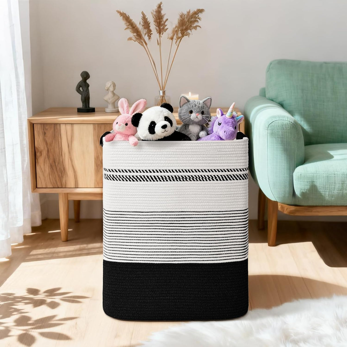 Laundry Hamper, 95L Tall Laundry Basket with Leather Handles, Rectangle Large Clothes Hamper for Organizing, Cotton Woven Laundry Baskets Storage Hampers for Bedroom, Nursery, Living Room