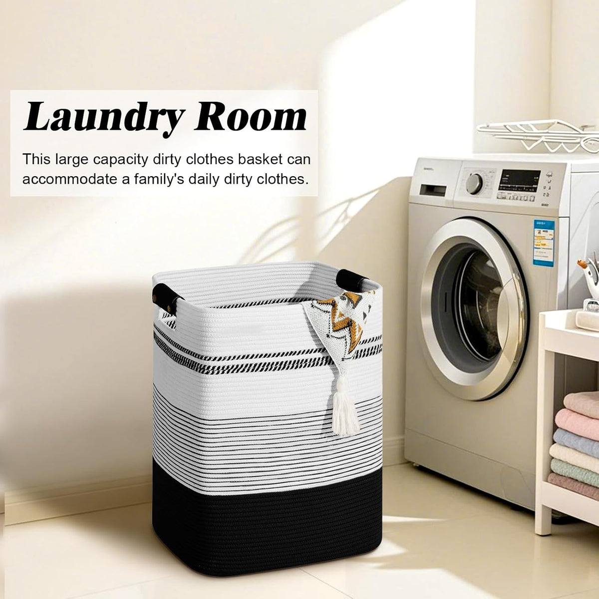 Laundry Hamper, 95L Tall Laundry Basket with Leather Handles, Rectangle Large Clothes Hamper for Organizing, Cotton Woven Laundry Baskets Storage Hampers for Bedroom, Nursery, Living Room