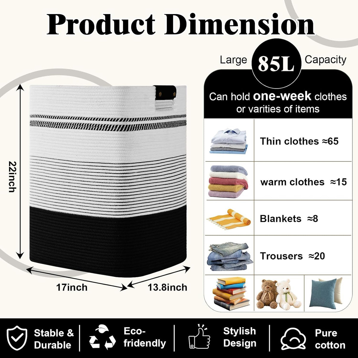 Laundry Hamper, 95L Tall Laundry Basket with Leather Handles, Rectangle Large Clothes Hamper for Organizing, Cotton Woven Laundry Baskets Storage Hampers for Bedroom, Nursery, Living Room
