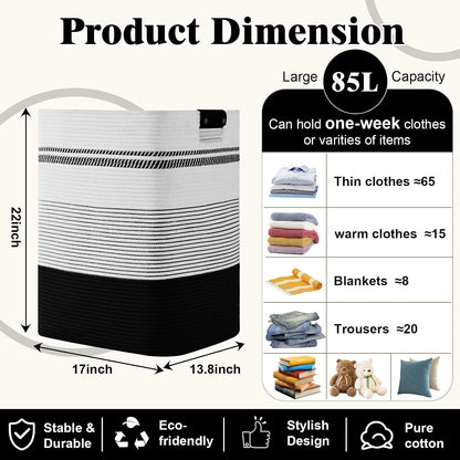 Laundry Hamper, 95L Tall Laundry Basket with Leather Handles, Rectangle Large Clothes Hamper for Organizing, Cotton Woven Laundry Baskets Storage Hampers for Bedroom, Nursery, Living Room