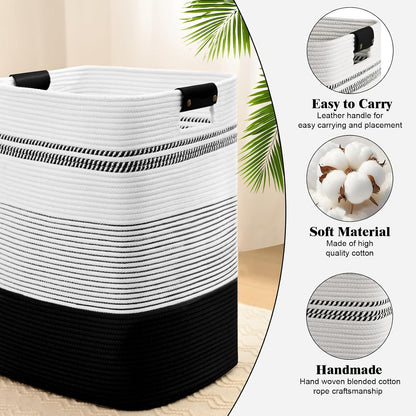 Laundry Hamper, 95L Tall Laundry Basket with Leather Handles, Rectangle Large Clothes Hamper for Organizing, Cotton Woven Laundry Baskets Storage Hampers for Bedroom, Nursery, Living Room