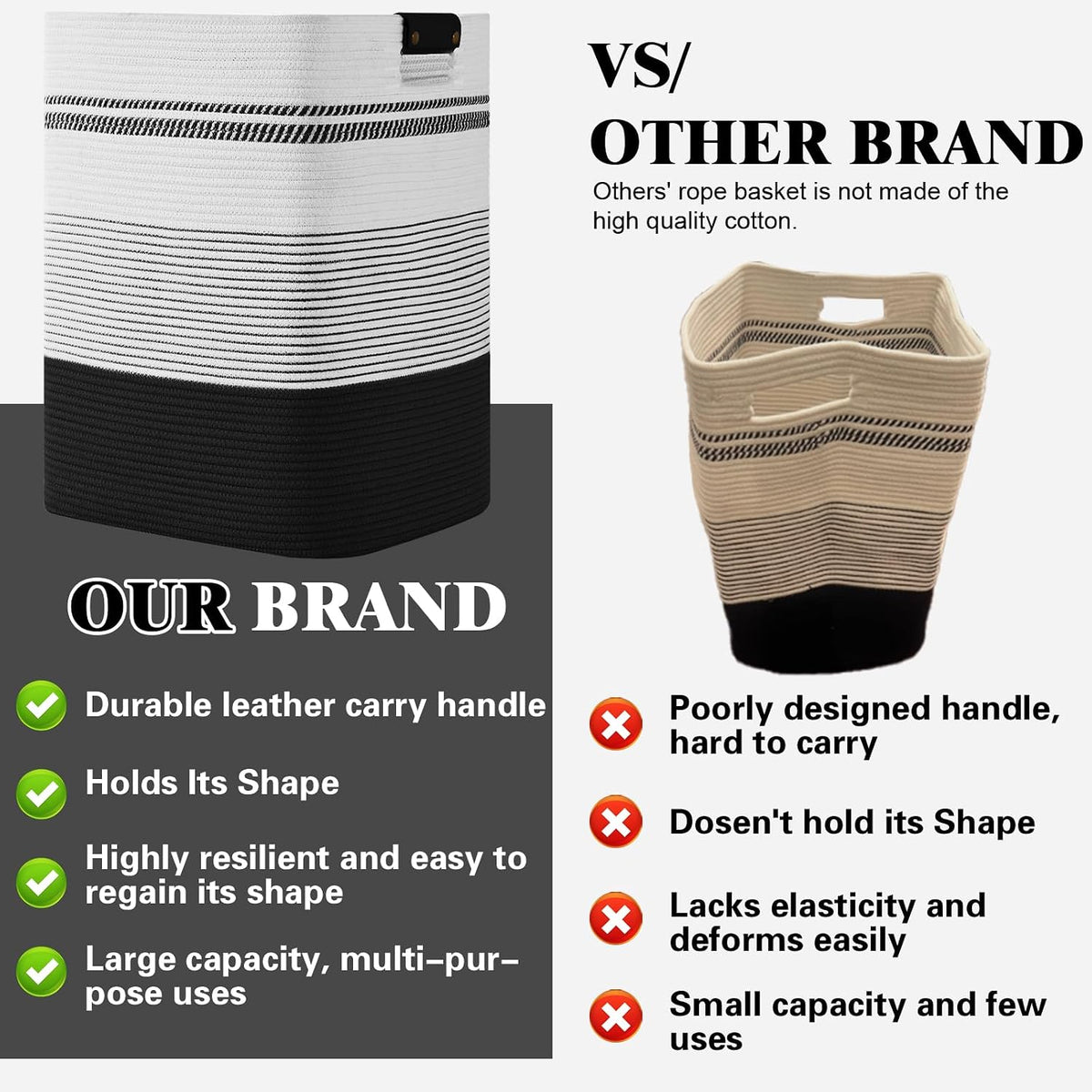 Laundry Hamper, 95L Tall Laundry Basket with Leather Handles, Rectangle Large Clothes Hamper for Organizing, Cotton Woven Laundry Baskets Storage Hampers for Bedroom, Nursery, Living Room