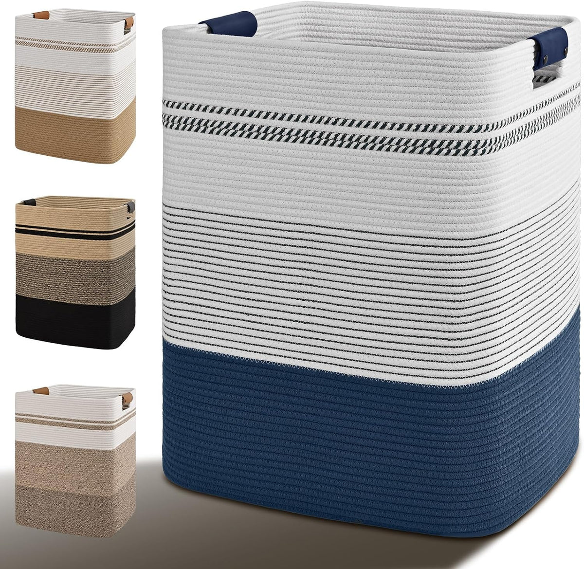 Laundry Hamper, 95L Tall Laundry Basket with Leather Handles, Rectangle Large Clothes Hamper for Organizing, Cotton Woven Laundry Baskets Storage Hampers for Bedroom, Nursery, Living Room