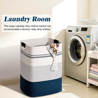 Laundry Hamper, 95L Tall Laundry Basket with Leather Handles, Rectangle Large Clothes Hamper for Organizing, Cotton Woven Laundry Baskets Storage Hampers for Bedroom, Nursery, Living Room