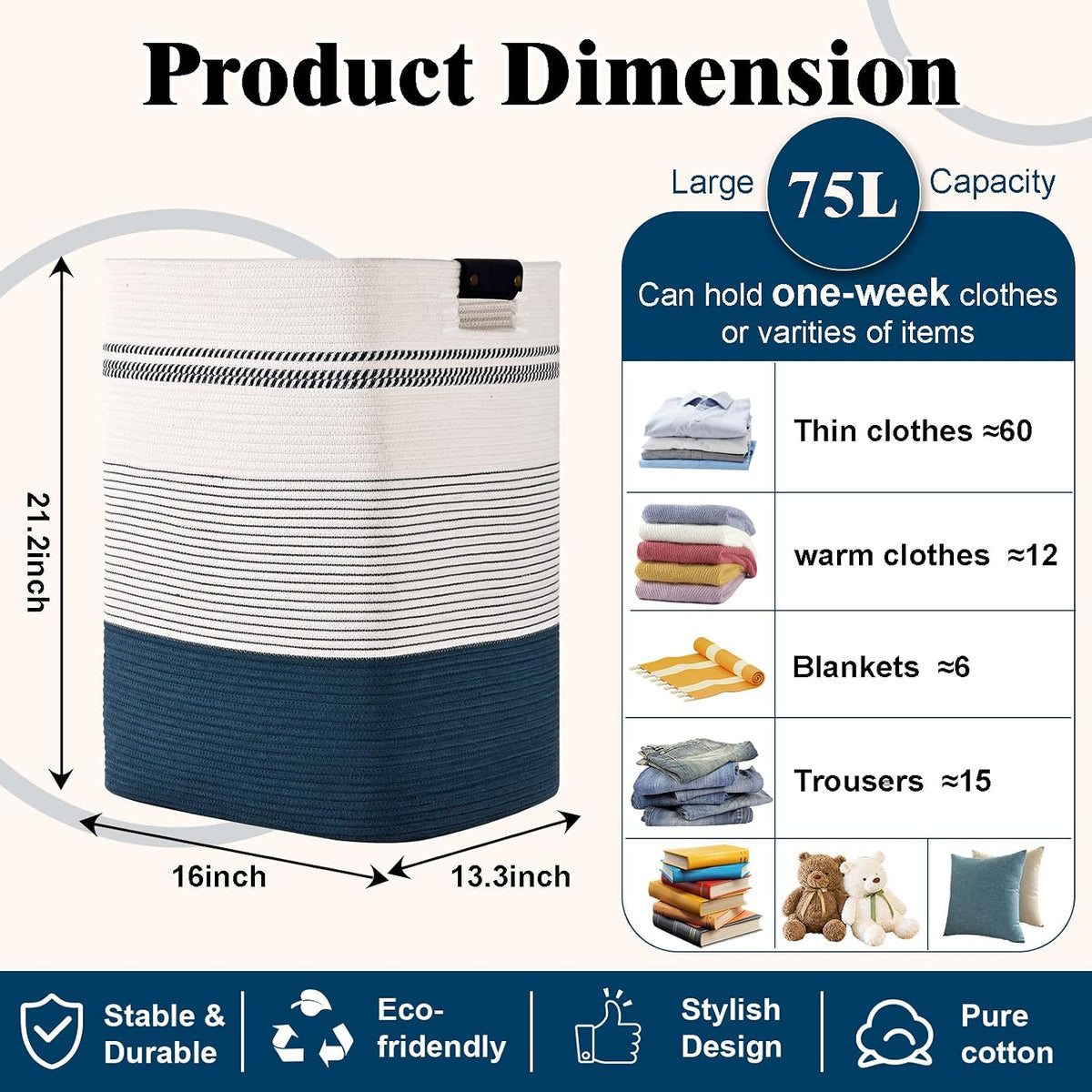 Laundry Hamper, 95L Tall Laundry Basket with Leather Handles, Rectangle Large Clothes Hamper for Organizing, Cotton Woven Laundry Baskets Storage Hampers for Bedroom, Nursery, Living Room