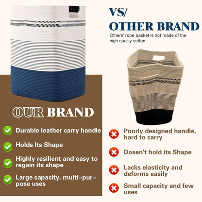 Laundry Hamper, 95L Tall Laundry Basket with Leather Handles, Rectangle Large Clothes Hamper for Organizing, Cotton Woven Laundry Baskets Storage Hampers for Bedroom, Nursery, Living Room