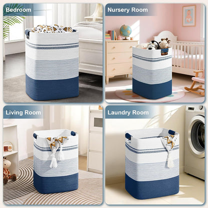 Laundry Hamper, 95L Tall Laundry Basket with Leather Handles, Rectangle Large Clothes Hamper for Organizing, Cotton Woven Laundry Baskets Storage Hampers for Bedroom, Nursery, Living Room