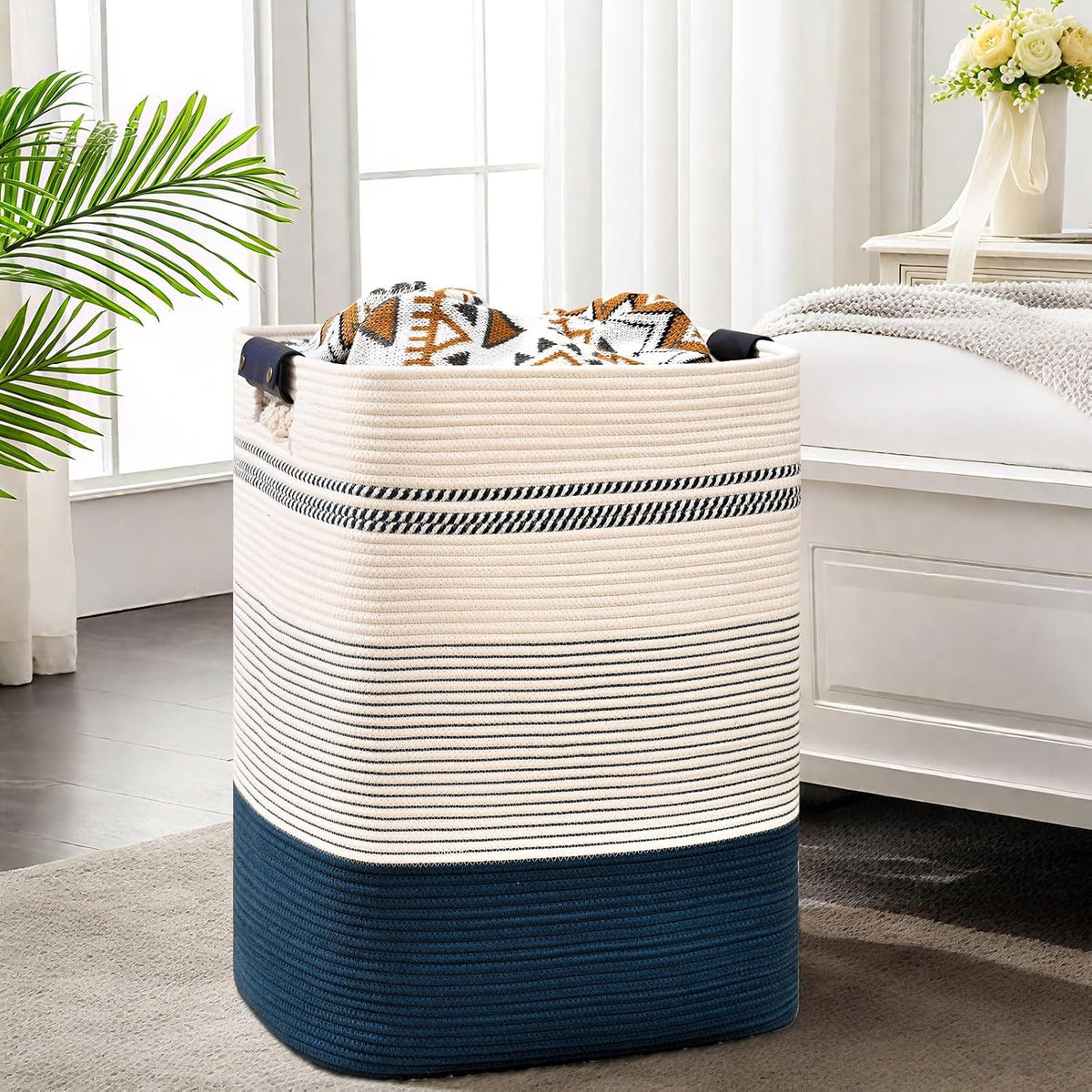Laundry Hamper, 95L Tall Laundry Basket with Leather Handles, Rectangle Large Clothes Hamper for Organizing, Cotton Woven Laundry Baskets Storage Hampers for Bedroom, Nursery, Living Room