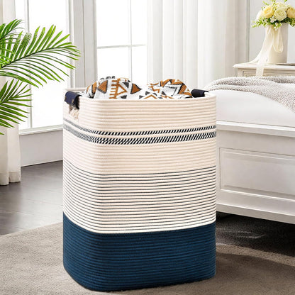 Laundry Hamper, 95L Tall Laundry Basket with Leather Handles, Rectangle Large Clothes Hamper for Organizing, Cotton Woven Laundry Baskets Storage Hampers for Bedroom, Nursery, Living Room