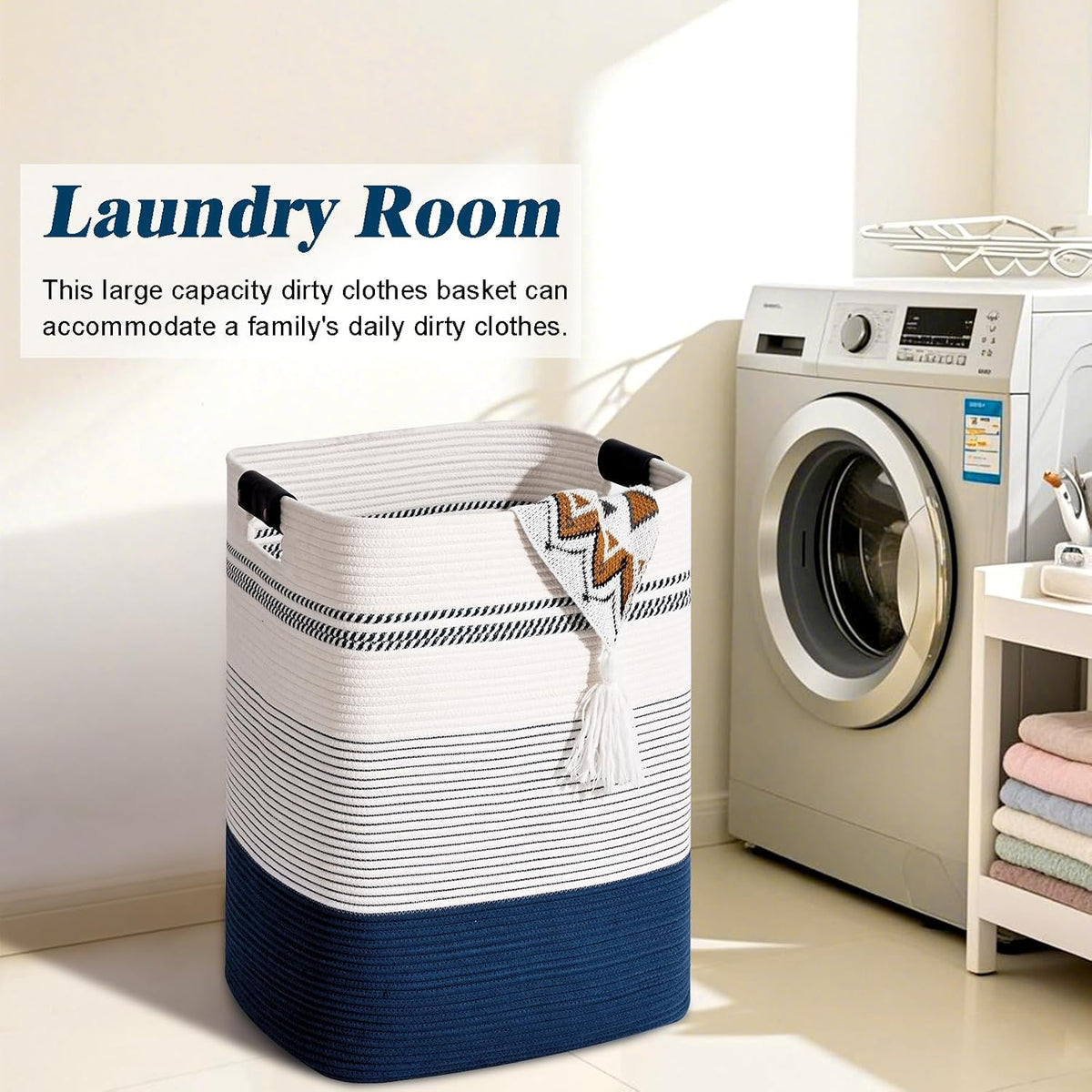 Laundry Hamper, 95L Tall Laundry Basket with Leather Handles, Rectangle Large Clothes Hamper for Organizing, Cotton Woven Laundry Baskets Storage Hampers for Bedroom, Nursery, Living Room