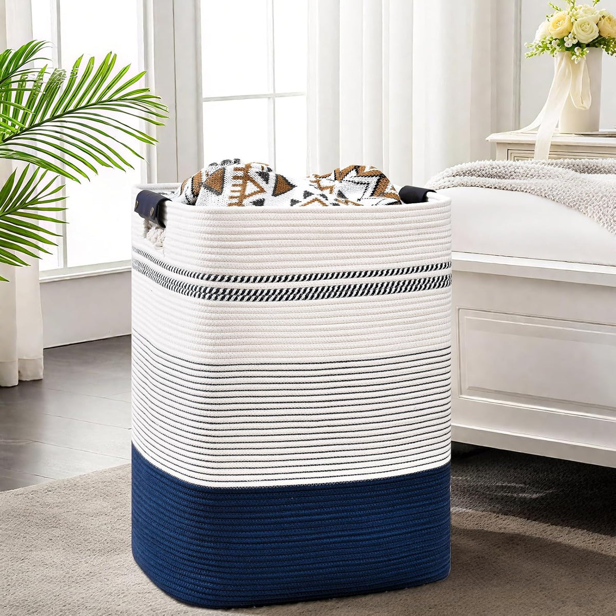 Laundry Hamper, 95L Tall Laundry Basket with Leather Handles, Rectangle Large Clothes Hamper for Organizing, Cotton Woven Laundry Baskets Storage Hampers for Bedroom, Nursery, Living Room