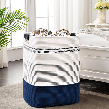 Laundry Hamper, 95L Tall Laundry Basket with Leather Handles, Rectangle Large Clothes Hamper for Organizing, Cotton Woven Laundry Baskets Storage Hampers for Bedroom, Nursery, Living Room