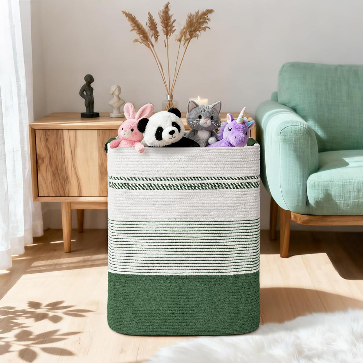 Laundry Hamper, 95L Tall Laundry Basket with Leather Handles, Rectangle Large Clothes Hamper for Organizing, Cotton Woven Laundry Baskets Storage Hampers for Bedroom, Nursery, Living Room