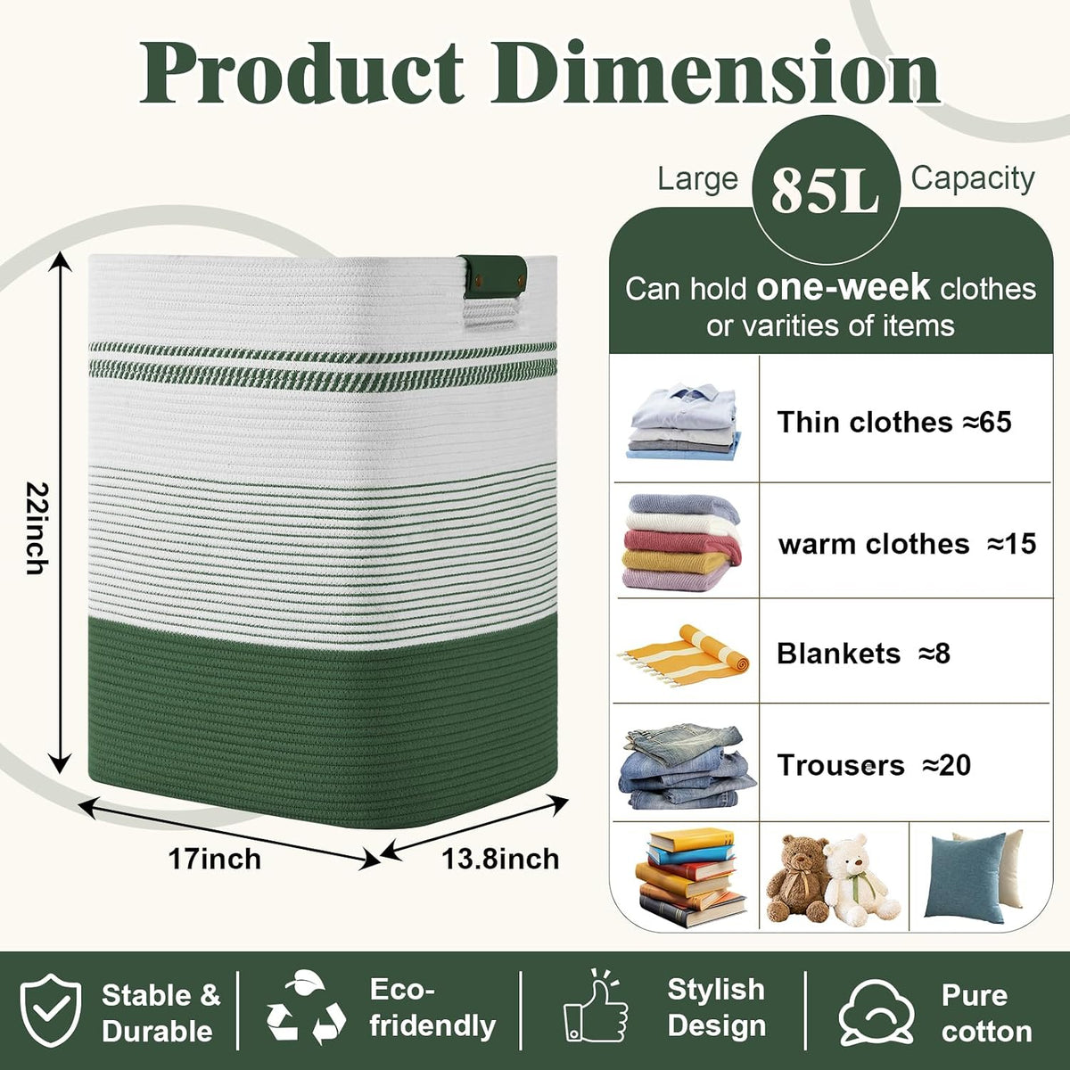 Laundry Hamper, 95L Tall Laundry Basket with Leather Handles, Rectangle Large Clothes Hamper for Organizing, Cotton Woven Laundry Baskets Storage Hampers for Bedroom, Nursery, Living Room