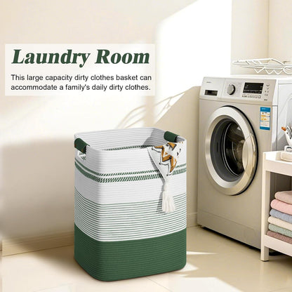 Laundry Hamper, 95L Tall Laundry Basket with Leather Handles, Rectangle Large Clothes Hamper for Organizing, Cotton Woven Laundry Baskets Storage Hampers for Bedroom, Nursery, Living Room